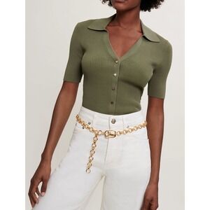 Maje Ribbed Button Up Collared Olive Size 1 Preppy Sophisticated Neutral